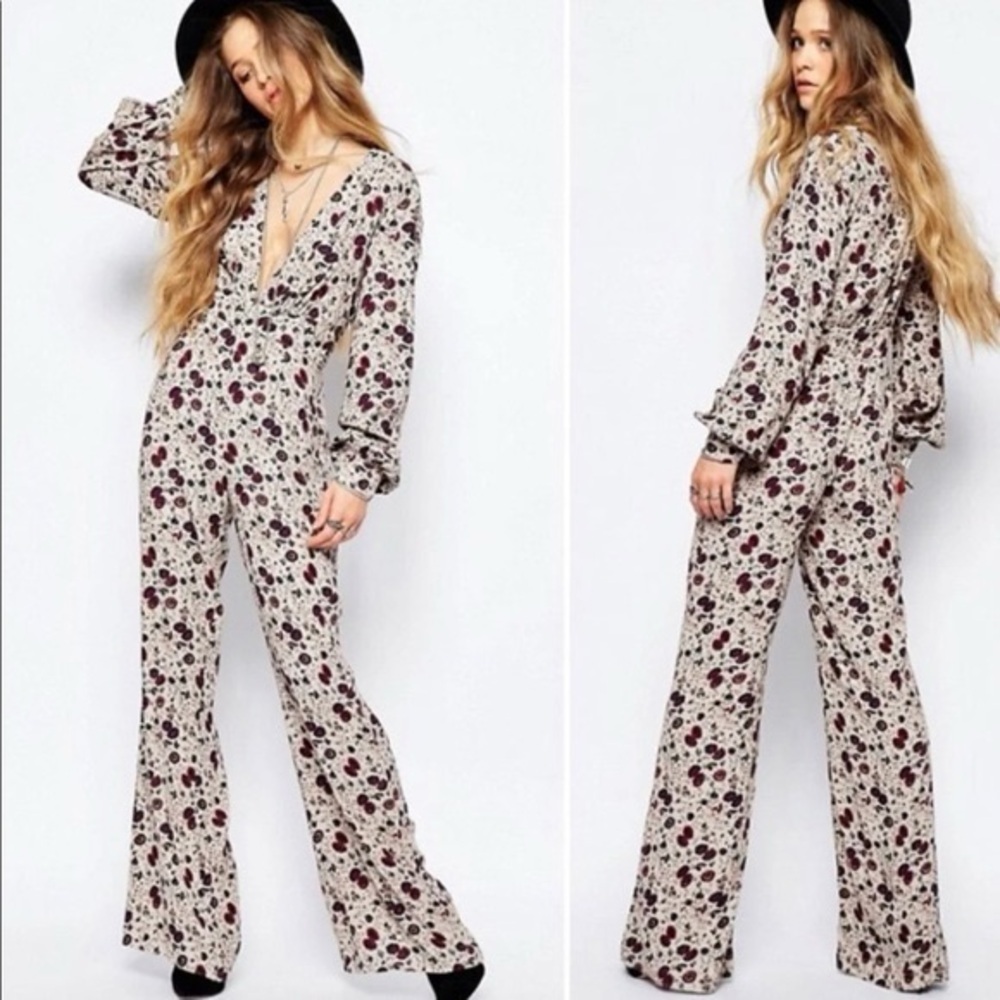 Free People Small Floral Long Sleeve Some Like It Hot Floral Jumpsuit Coachella
